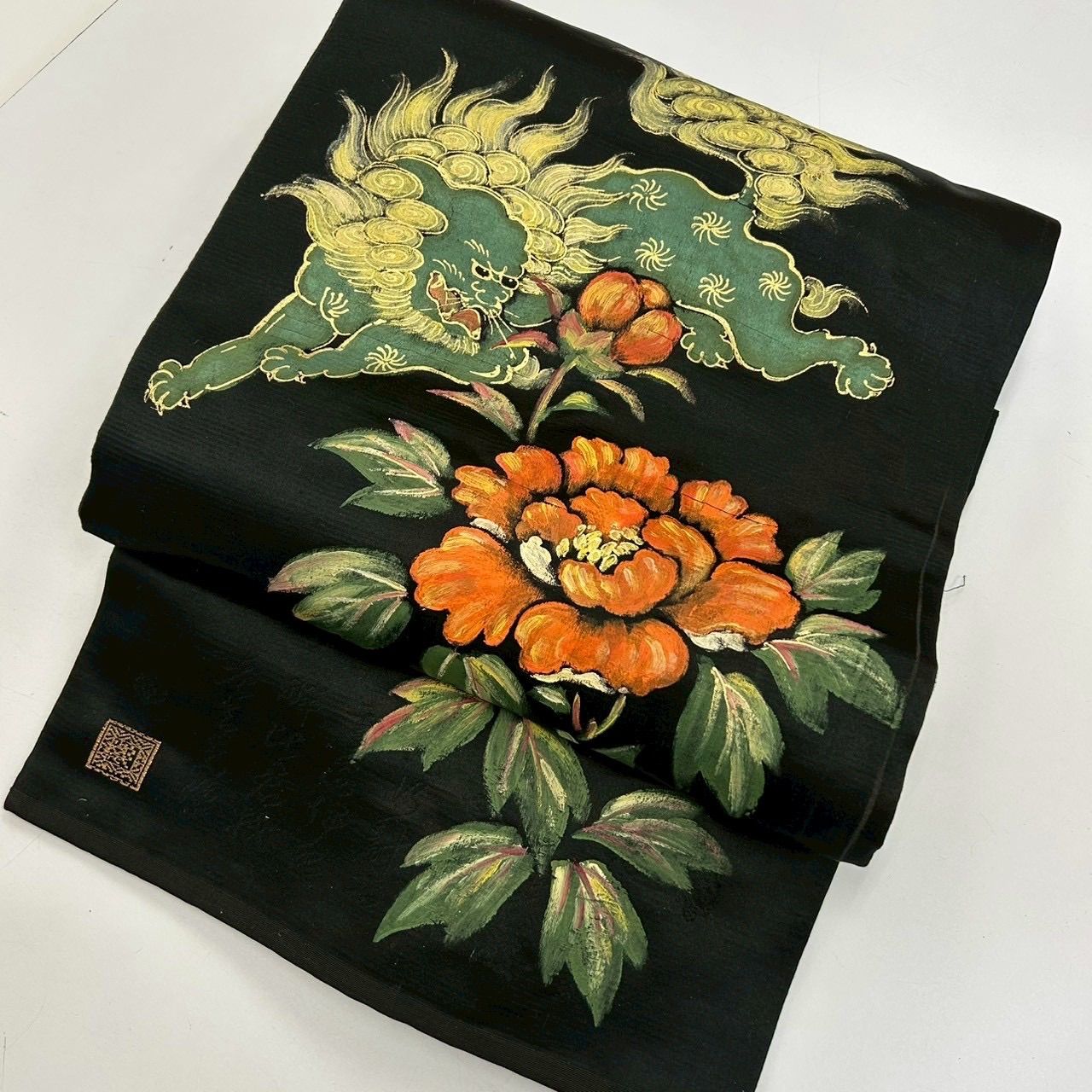 アンティーク 名古屋帯 金彩の獅子 染め 九寸 正絹 着物 MA-1797