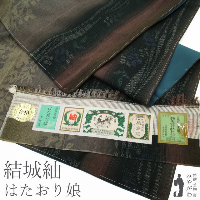 結城紬 着物 正絹 袷 奥順 はたおり娘 100亀甲 手織り 花柄 草花 シルエット 縞 カジュアル 春 秋 冬 仕立て上がり 身丈163 裄丈67 5 Ｌサイズ みやがわ sb 16721