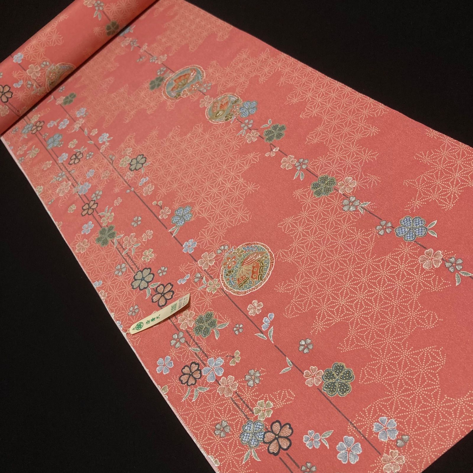 注文 着物と帯オレンジ y120◾️割と綺麗なポリエステル化繊着尺反物5