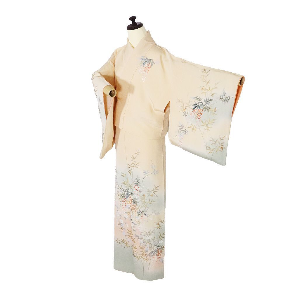 訪問着 袷 正絹 ベージュ 緑 暈し 梅 桜 藤 南天 Lサイズ ki31409 美品
