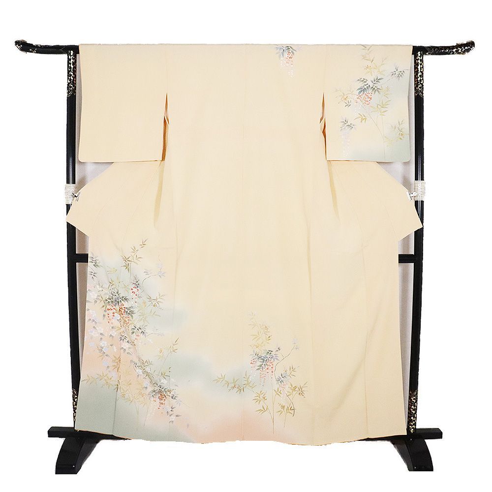 訪問着 袷 正絹 ベージュ 緑 暈し 梅 桜 藤 南天 Lサイズ ki31409 美品