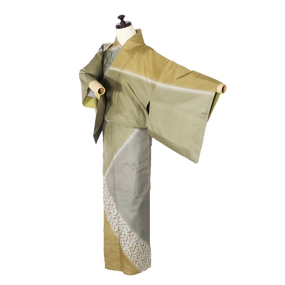 白山紬 訪問着 袷 正絹 緑 抹茶色 グリーン 薄グレー 縞暈し 変り格子