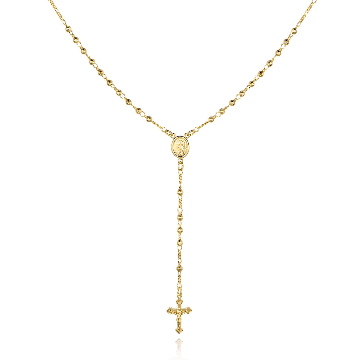 Barzel 18K 金メッキ 聖母マリア ロザリオ ビーズ クロス ネックレス 