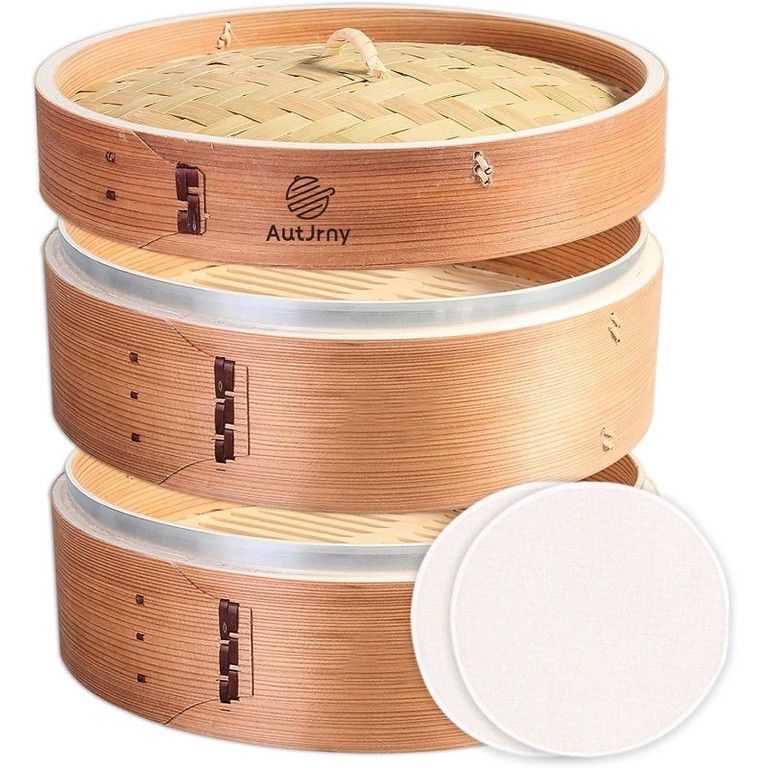 ＆本格中華 27 cm 二段式 竹製蒸し器セット - ステンレスリング＆ライナー付き 餃子 野菜 点心 パンに最適 竹蓋対応 蒸し料理を自宅で手軽に