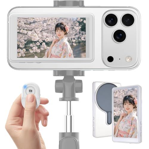 スマホ用 自撮りモニター 軽量 4 K 1080 P対応 ミラーリング接続 Wi-Fiルート占用せず スピーカー付き iPhone 17対応 Android対応 背面カメラモニター 磁石取付け magsafe対応 Vlog ラ 5 a 0 cba f
