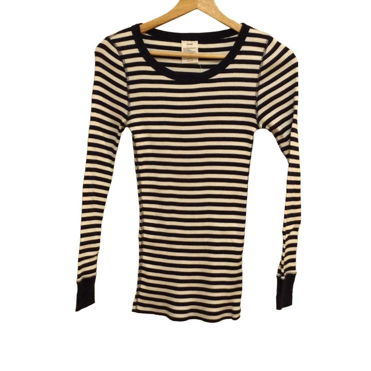 HYKE ハイク 長袖カットソー レディース ダークネイビー 白 クルーネック ボーダー