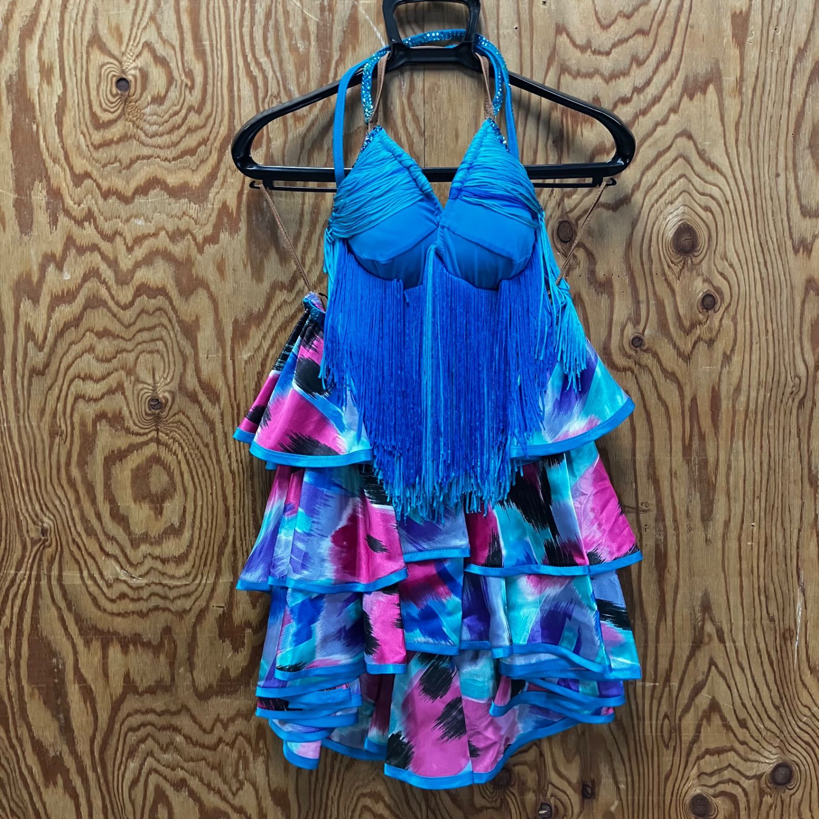 げ交渉 社交ダンスドレス ラインストーン ブルー フリンジ