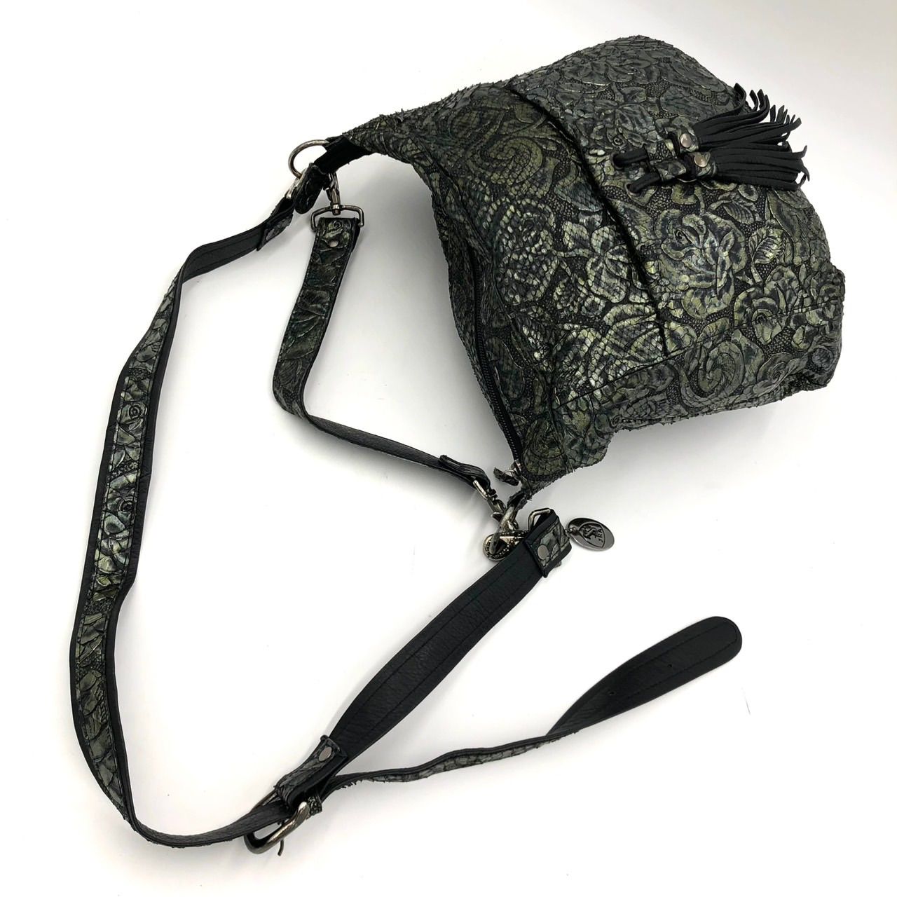 JRA認定【美品】2way バッグ レザー 薔薇柄 花柄 黒 緑 タッセル付 