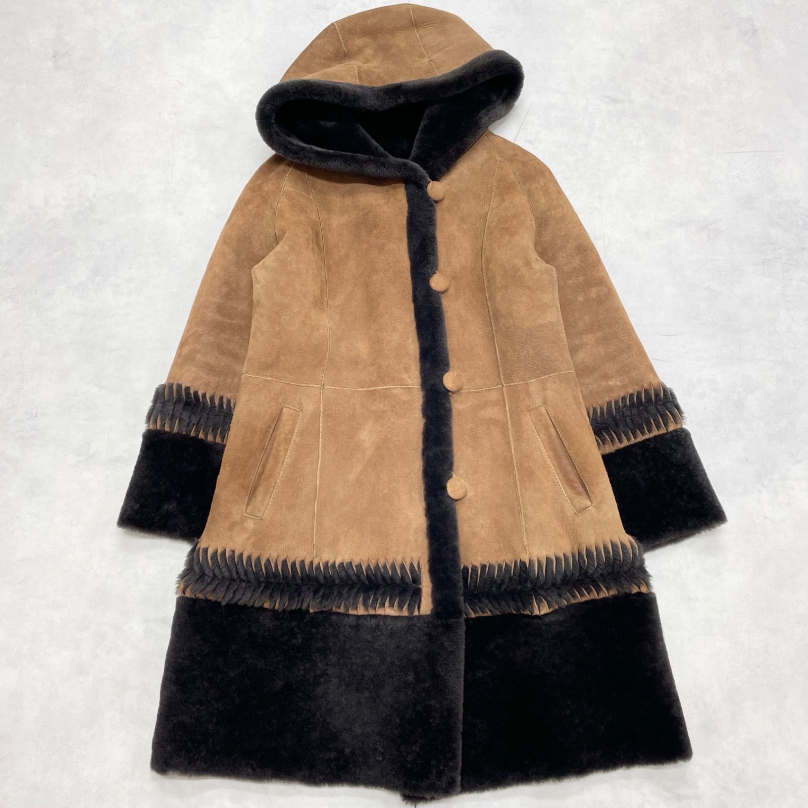 BALMAIN バルマン ムートンコート ロング フード ファー シープレザー