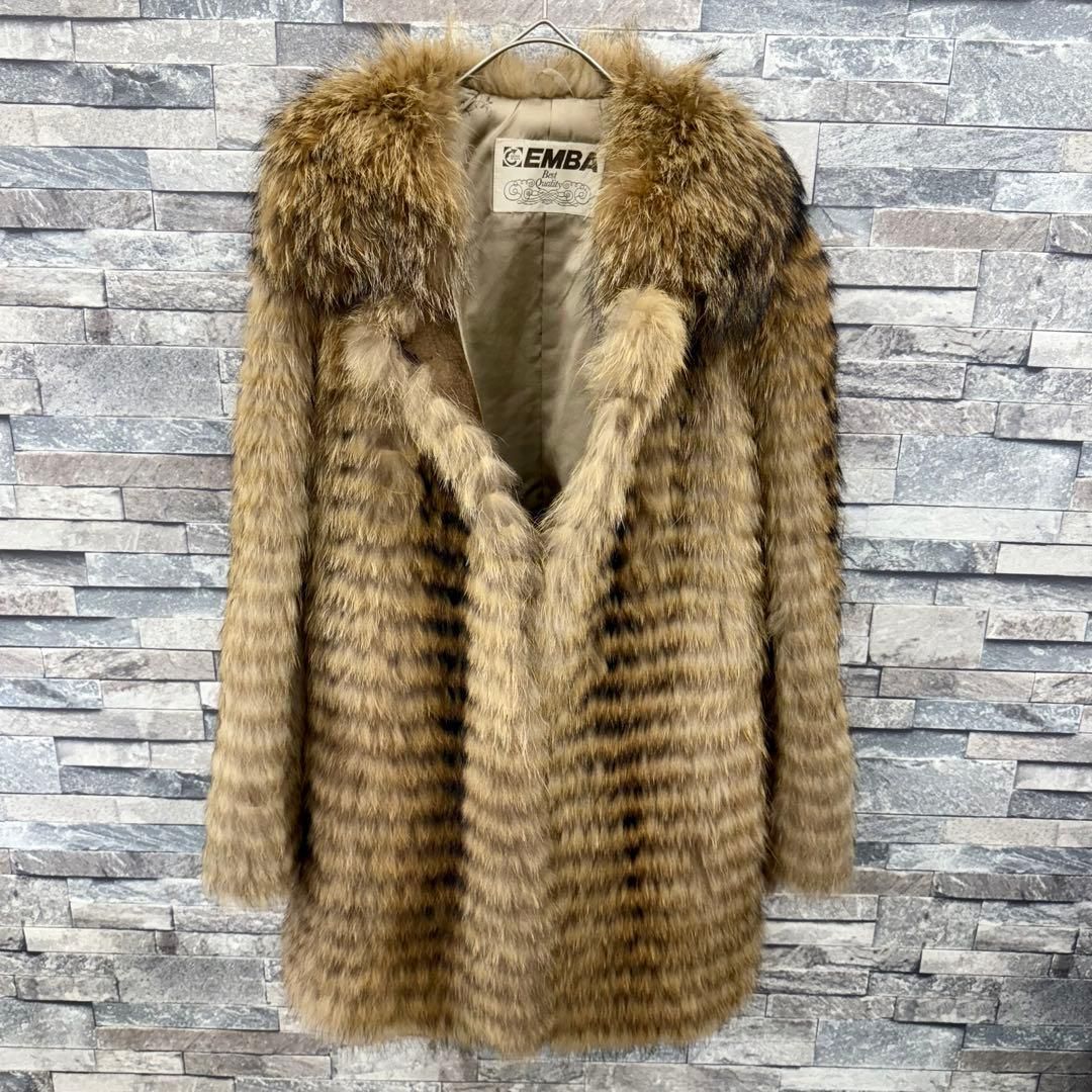美品■EMBA　エンバ　リアルファー　毛皮コート　ミドル丈　ブラウン　11号 EMBA エンバ リアルファーコート 毛皮ジャケット アウター アニマル