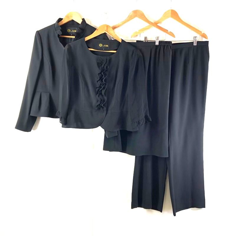 東京ソワール SOIR スーツ 4点セット カットソー ジャケット スカート パンツ フリル 肩パッド 裏地付き 黒 967208