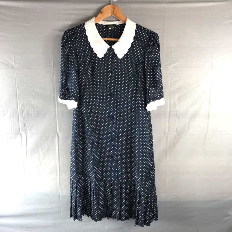 レリアン leilian ワンピース ロング 襟付き ドット 肩パット プリーツ 半袖 ネイビー 白 9サイズ 978912