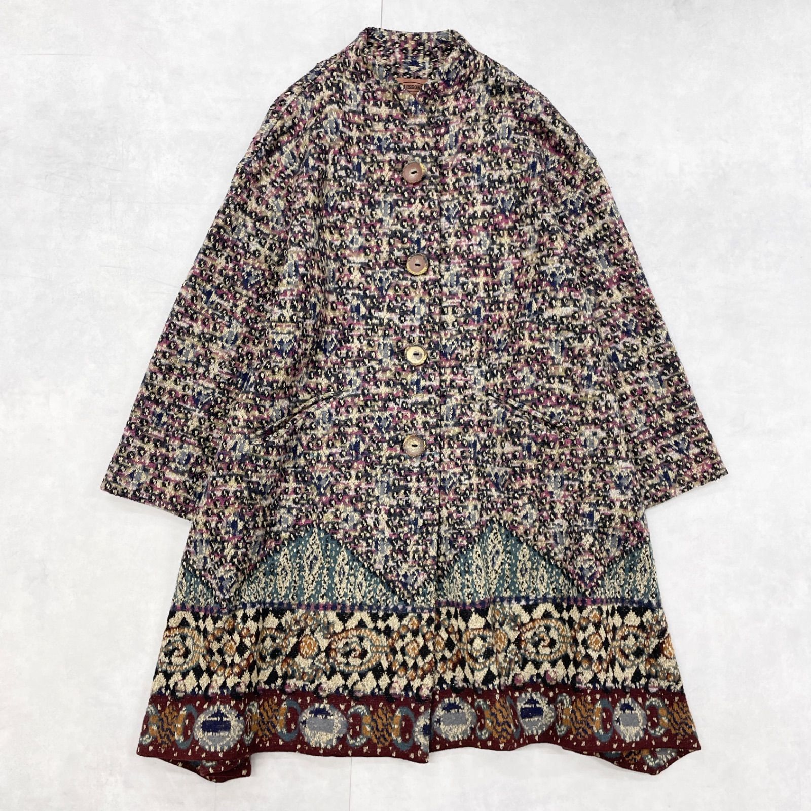MISSONI ミッソーニ ロングコート フレア ノーカラー 総柄 切替 マルチ