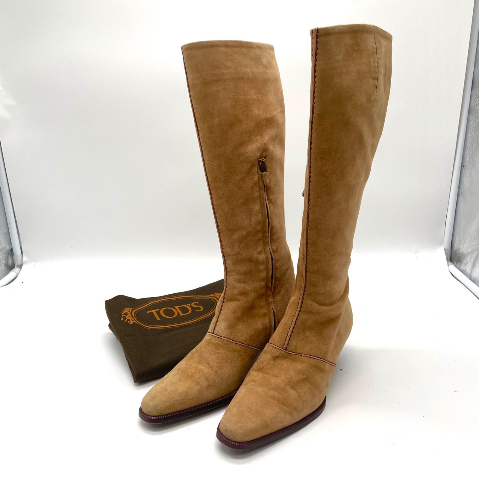 Tod s トッズ ロングブーツ ニーハイブーツ サイドジップ ステッチング 22.5 cm ブラウン 茶 スエード レディース