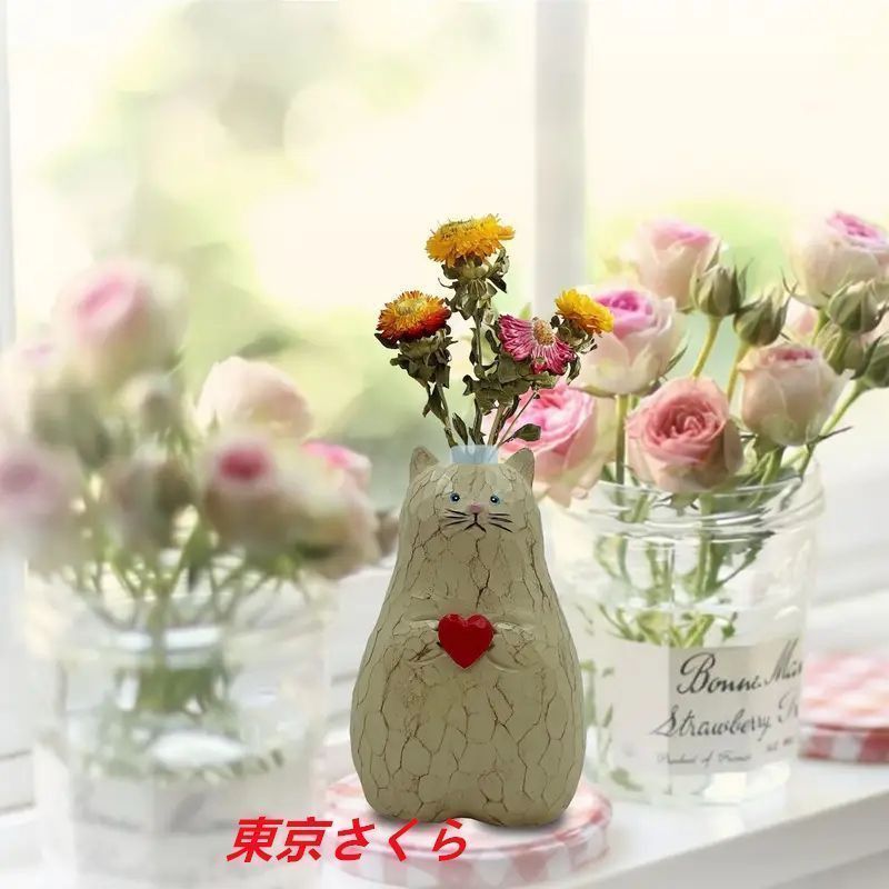 手作りの木製猫花瓶 無垢材猫像花瓶 モダンでシンプルなかわいい猫装飾