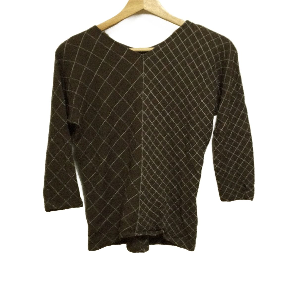 JURGEN LEHL ヨーガンレール 七分袖カットソー サイズM レディース - ダークブラウン×白 Vネック チェック柄