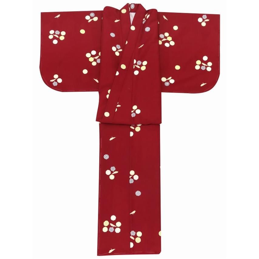 着物 子供 洗える着物 小紋 袷 ジュニア 女の子の着物 エンジ 小鳥