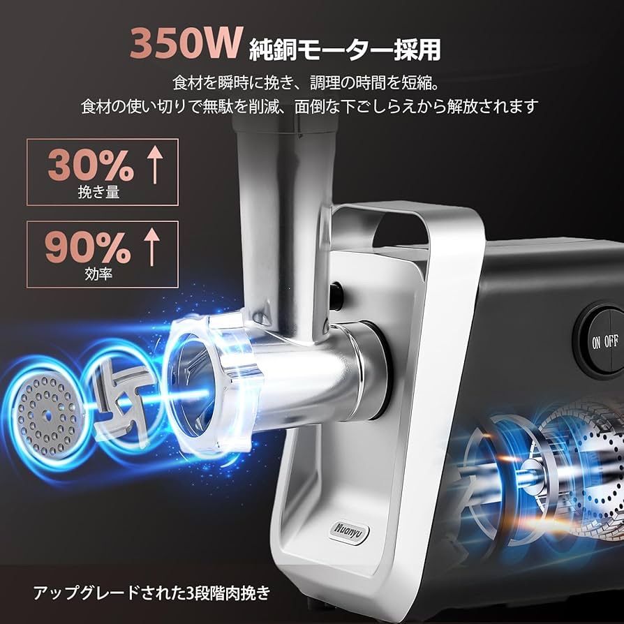 Huanyu】ミートミンサー ミンチ機 350W 3/5/7mmプレート みじん切り