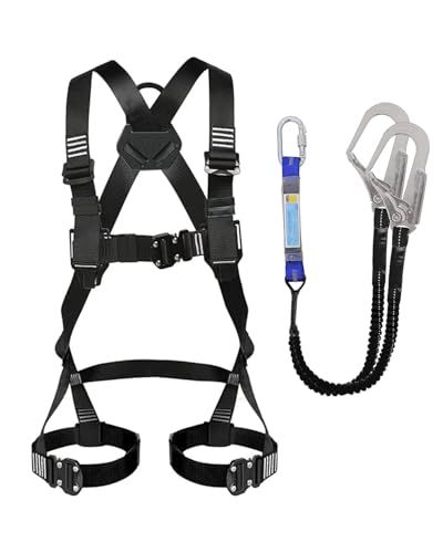 OVZEXAO フルハーネス 安全帯 ランヤード セット ハーネス安全帯 新規格 墜落制止用器具 第一種別 ショックアブソーバ 伸縮式ダブルランヤード付き ２丁掛け 身長 155 175 cm 最適 高所作業 電気工事 建設工事 落 5 dbb 9 aab