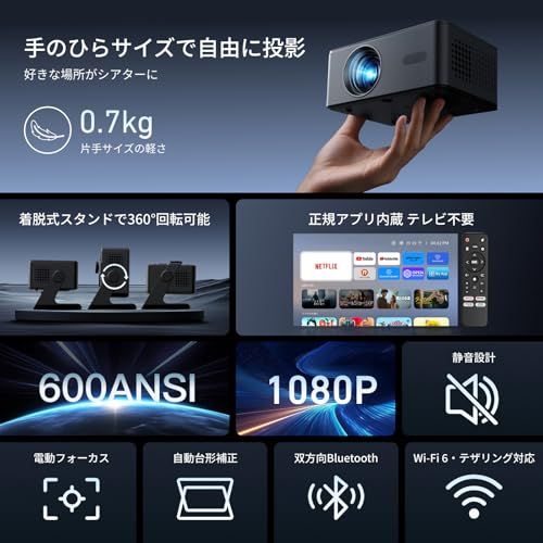 プロジェクター家庭用 小型 天井 静音 Netflix Prime Video YouTubeアプリ搭載 600 ANSI 4 K対応 自動台形補正 0 5 M短距離投影 Wi Fi 6 Bluetooth 4スタンド一体型 軽量 ミニ ス a 2 c 92879