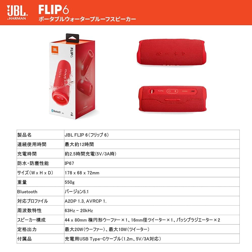 JBL FLIP6 Bluetoothスピーカー 2ウェイ・スピーカー構成 USB C充電