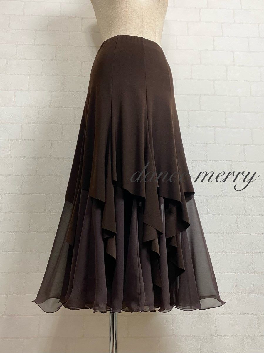 MERRY 社交ダンス スカート 茶色 ブラウン レッスン パーティ シフォン タンゴ 4864