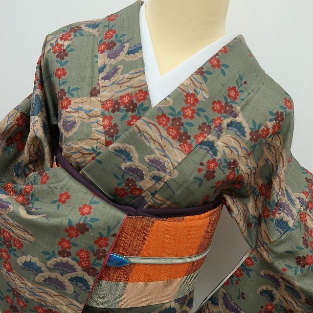  六花-RIKKA- 正絹 花井幸子落款 トールサイズ 桜 松 紬 着物 A 4095 紬 着物