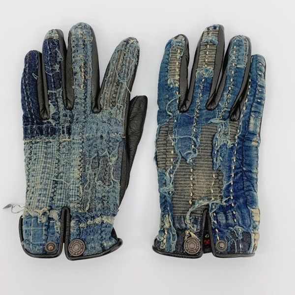 KAPITAL キャピタル グローブ 手袋 デニム地 BORO 刺し子 レザー 本革 パッチワーク 防寒 メンズ サイズ3 ブラック系 服飾 DF 14852