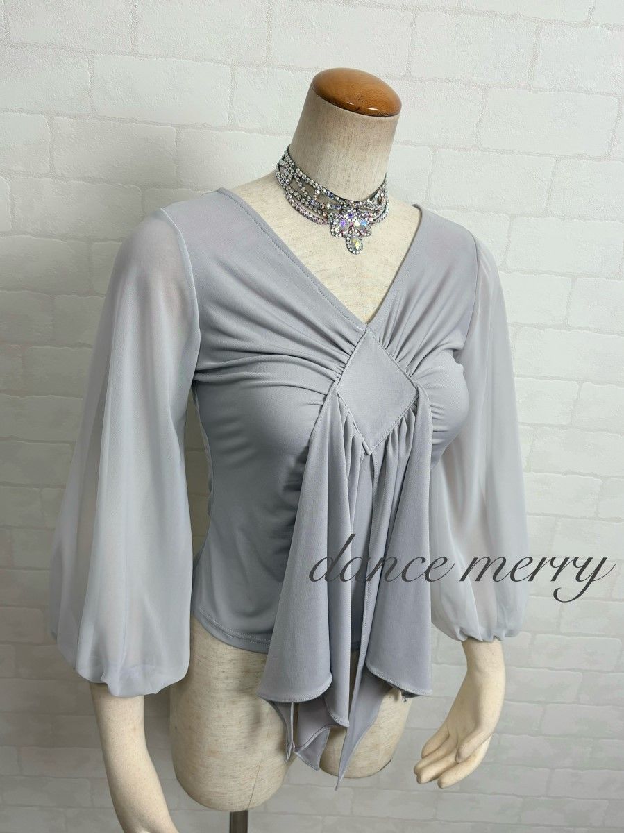 MERRY】新品 社交ダンス グレー 灰色 トップス シフォン バルーン袖