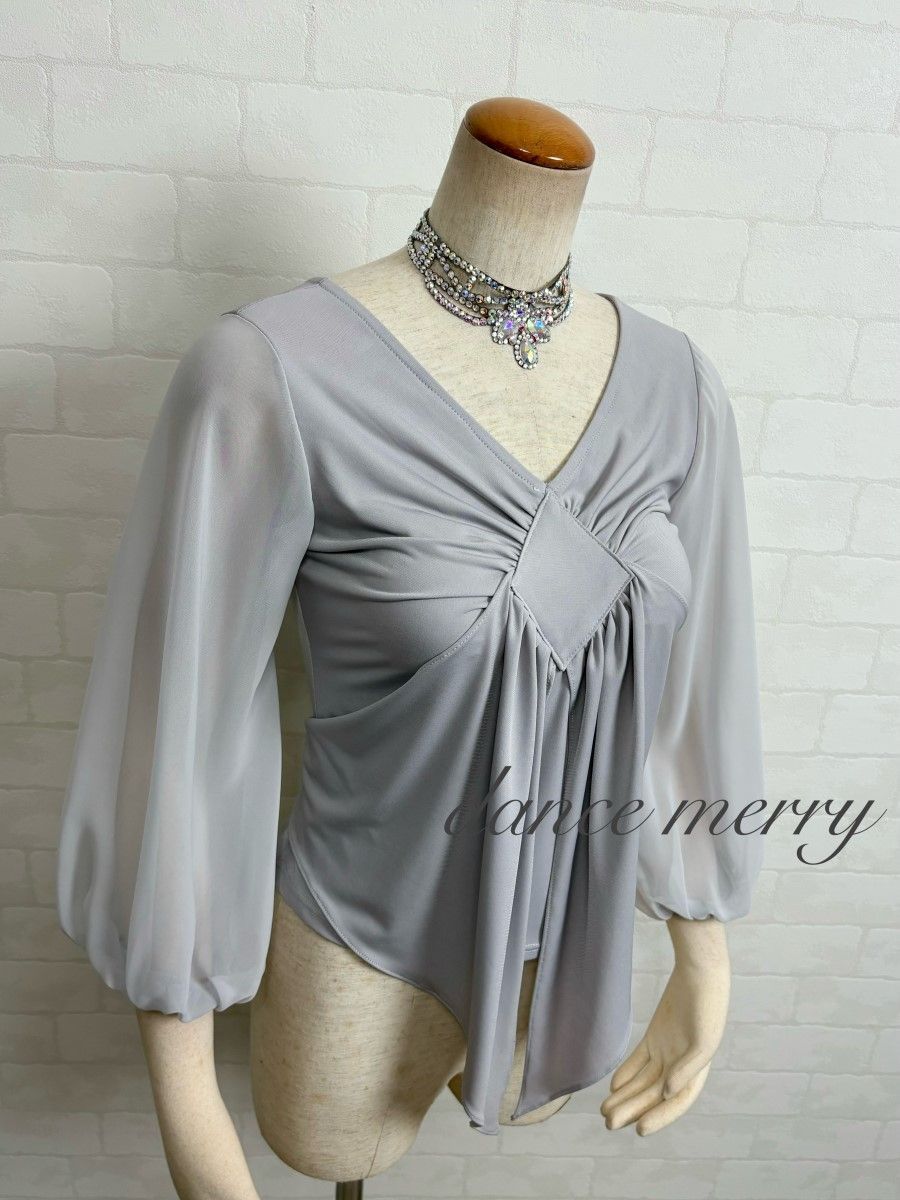 MERRY】新品 社交ダンス グレー 灰色 トップス シフォン バルーン袖