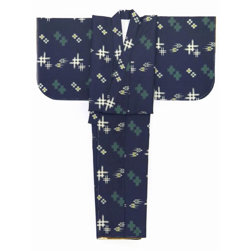 着物 子供 洗える着物 小紋 袷 ジュニア 女の子の着物 紺色 絣風