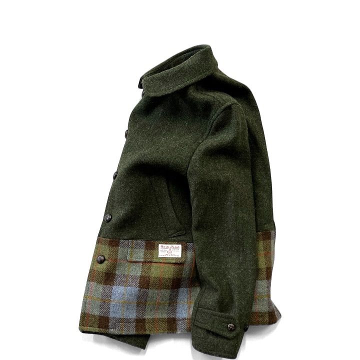 Mitsumine HarrisTweed ミツミネ ハリスツイード ウールコート Pコート タータンチェック切替 ミドル丈 チンストラップ L マルチ オリーブグリーン M 98