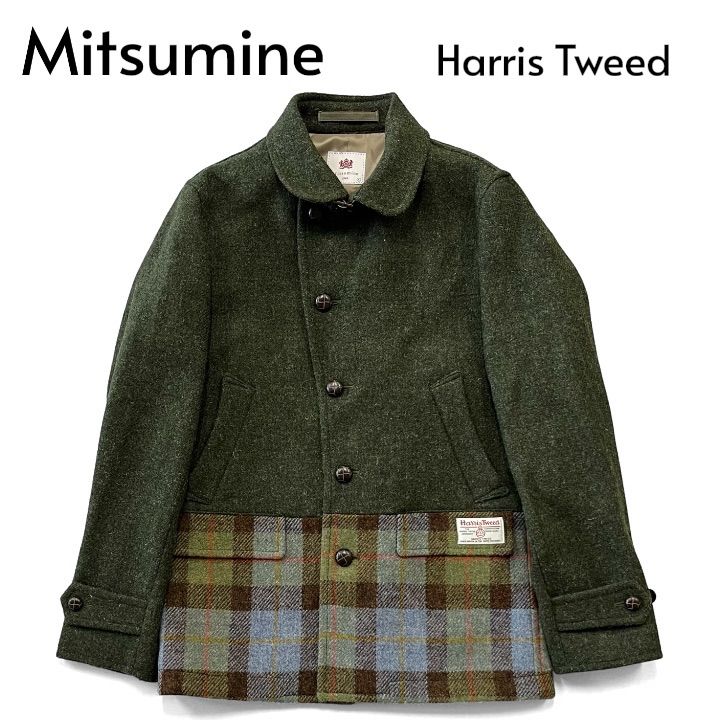 Mitsumine HarrisTweed ミツミネ ハリスツイード ウールコート Pコート タータンチェック切替 ミドル丈 チンストラップ L マルチ オリーブグリーン M 98