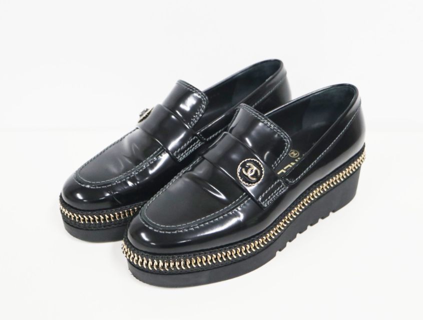 シャネルチェーンローファCCマーク37 シャネル CHANEL ココマーク シャインスカーフ ブラック ゴールド