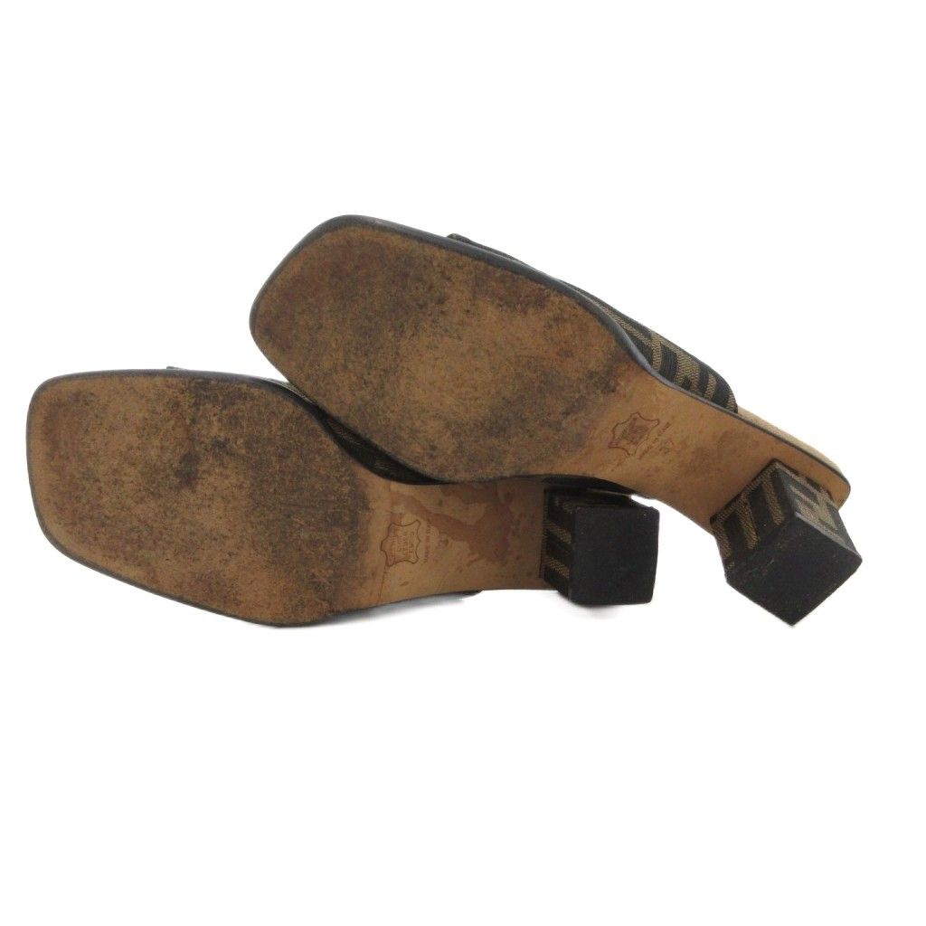 フェンディ FENDI サンダル ズッカ柄 キャンバス スクエアヒール 37 茶