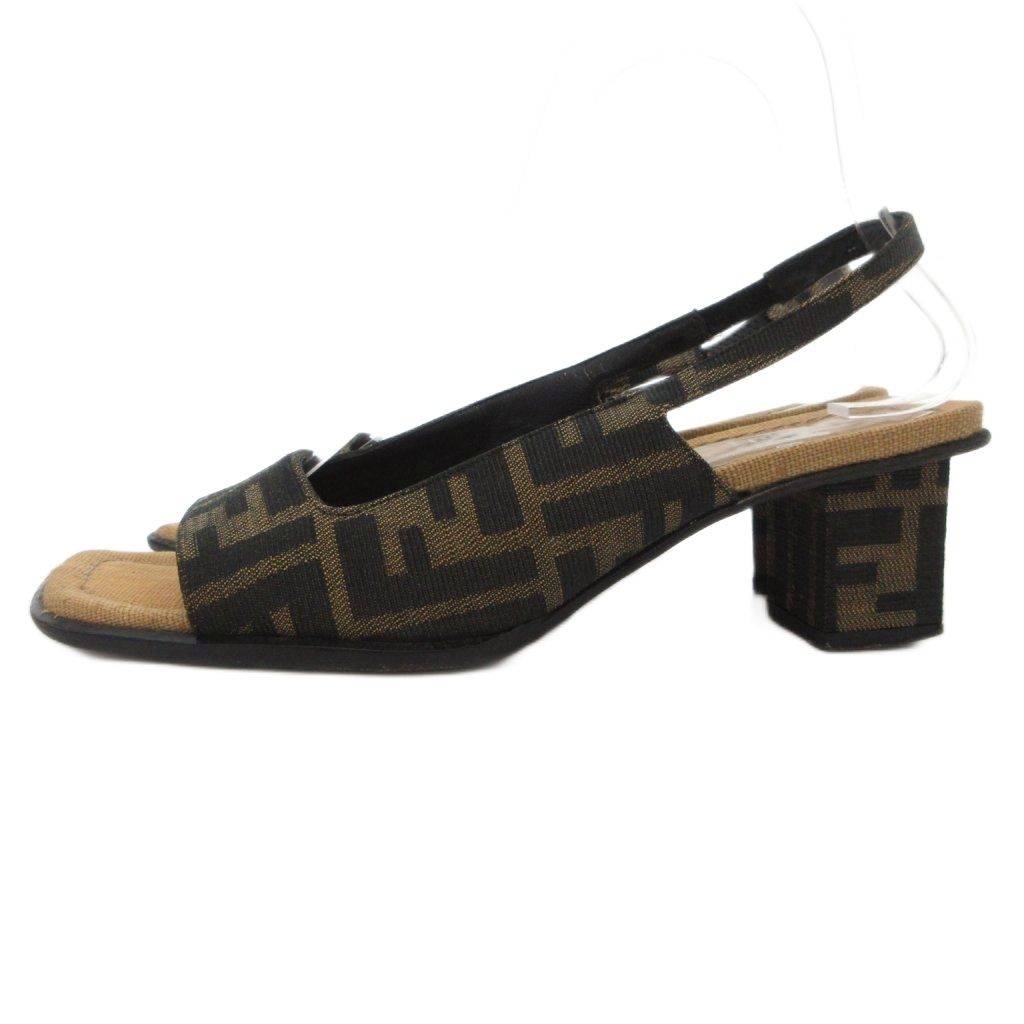 フェンディ FENDI サンダル ズッカ柄 キャンバス スクエアヒール 37 茶