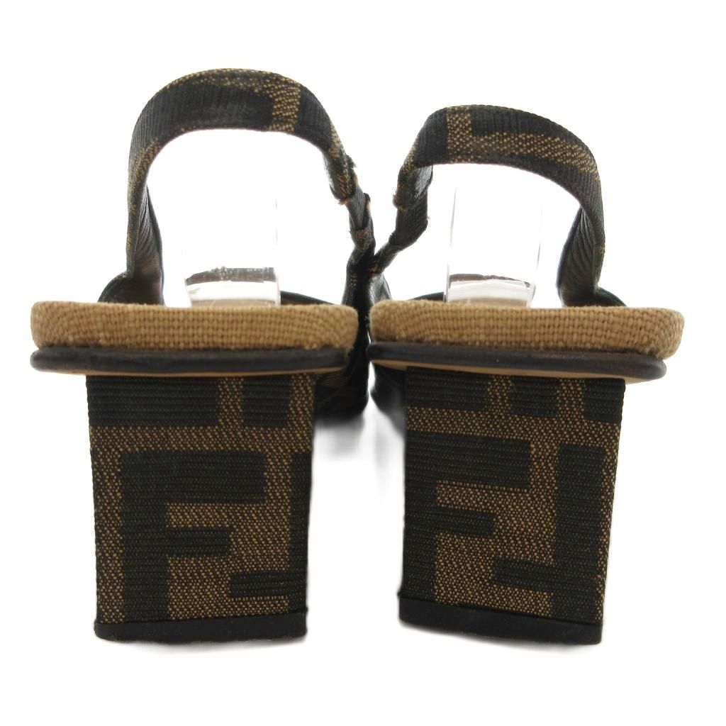 フェンディ FENDI サンダル ズッカ柄 キャンバス スクエアヒール 37 茶