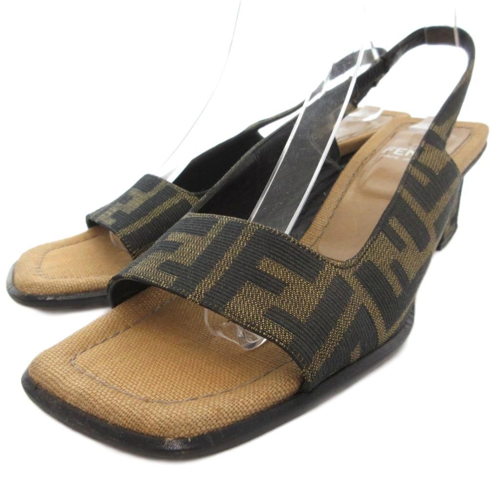 フェンディ FENDI サンダル ズッカ柄 キャンバス スクエアヒール 37 茶