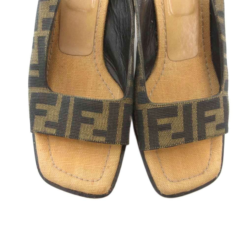 フェンディ FENDI サンダル ズッカ柄 キャンバス スクエアヒール 37 茶