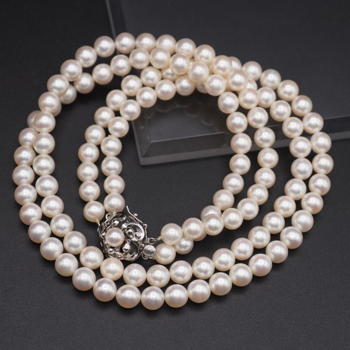 ★パールネックレス 真珠 シルバー刻印 J814 本真珠 6.7mm珠 パール SILVER刻印 ネックレス 2連 デザイン
