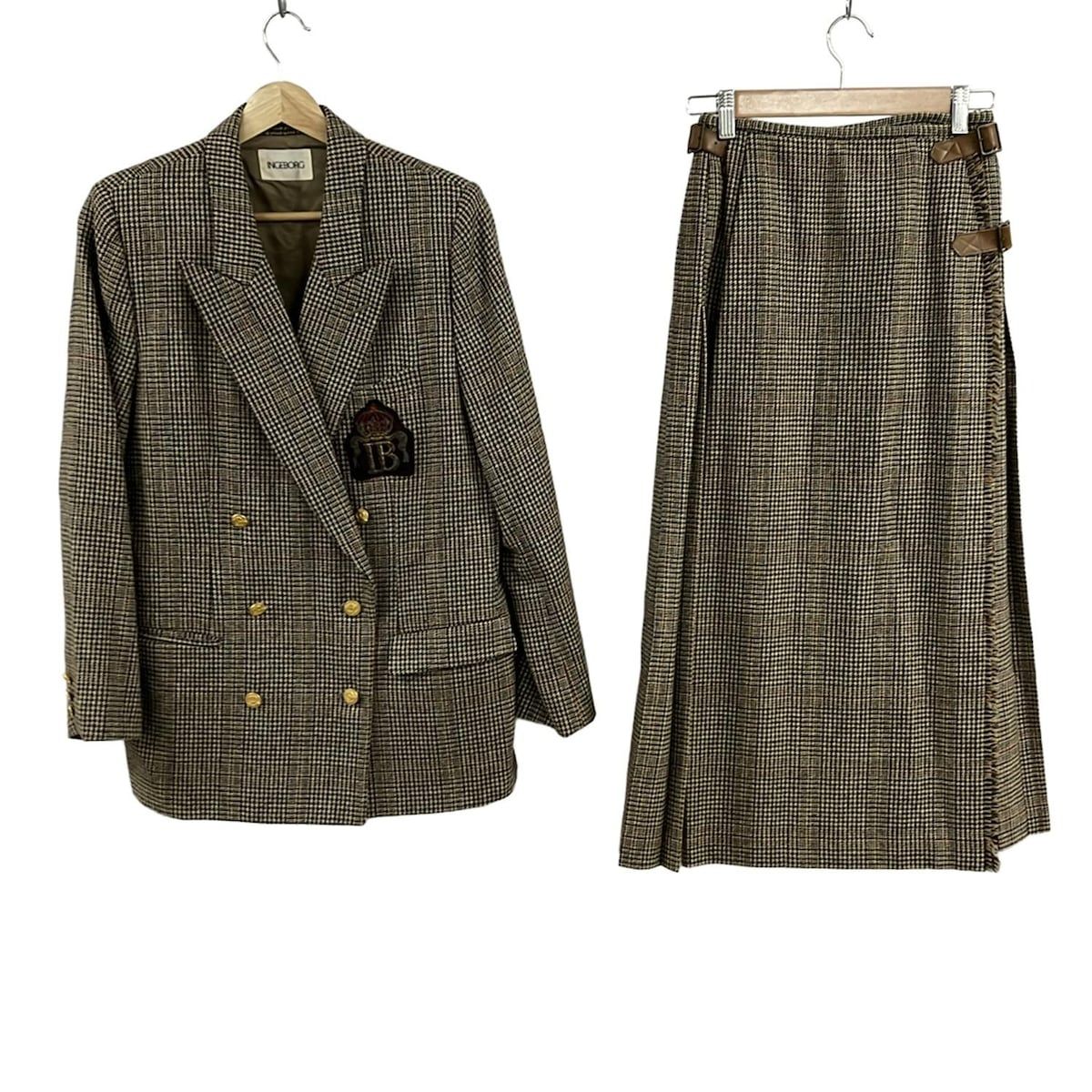 INGEBORG インゲボルグ スカートスーツ レディース ベージュ 黒 マルチ チェック柄 ベスト付き