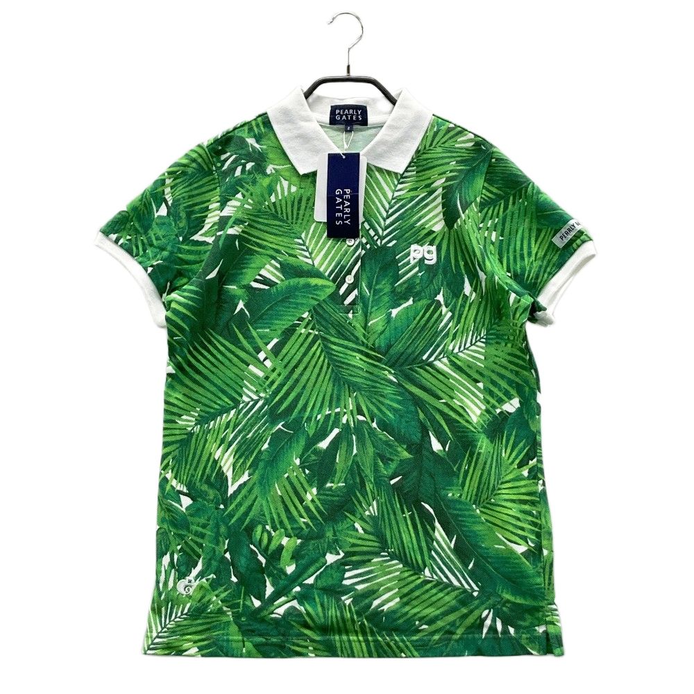 サイズ 2 PEARLY GATES パーリーゲイツ ロゴ刺繍入り 半袖ポロシャツ 総柄 グリーン系 ゴルフウェア レディース ストスト