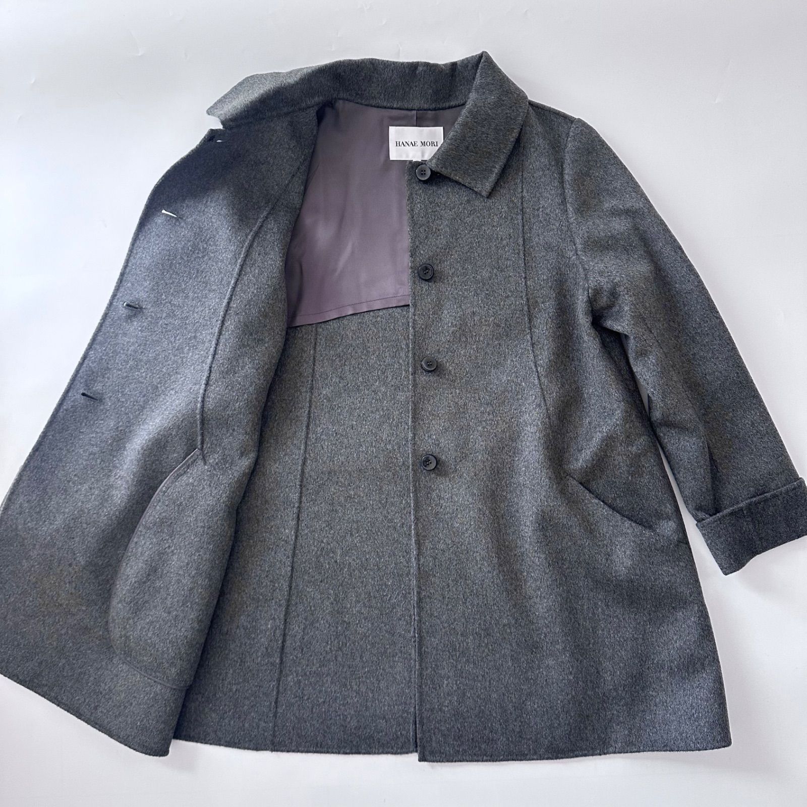 美品 HANAE MORI カシミヤ100% ステンカラーコート リバー仕立て