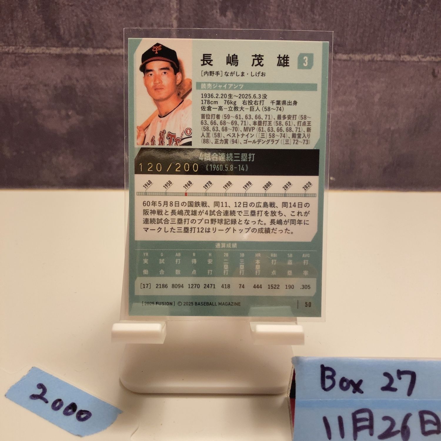 2025 BBM Fusion 長嶋茂雄 120/200 読売ジャイアンツ Gold カード
