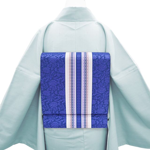 名古屋帯 本場筑前博多織 井上絹織 正絹 八寸 博多織 博多帯 全通 オリエンタルブルー 紫 花唐草 献上縞 カジュアル おしゃれ 春 秋 冬 なごや帯 八寸名古屋帯 松葉仕立て 仕立て上がり みやがわ sb 54849