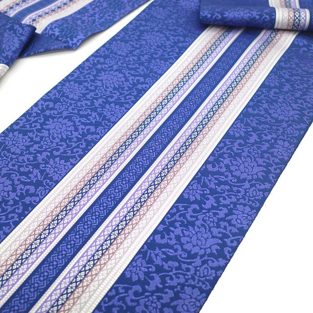  名古屋帯 本場筑前博多織 井上絹織 正絹 八寸 博多織 博多帯 全通 オリエンタルブルー 紫 花唐草 献上縞 カジュアル おしゃれ 春 秋 冬 なごや帯 八寸名古屋帯 松葉仕立て 仕立て上がり みやがわ sb 54849 名古屋帯 帯