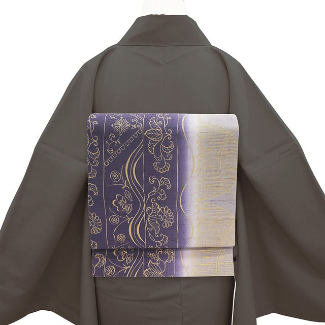 袋帯 正絹 紬 全通 金彩加工 手染め 紫 薄灰紫 ぼかし 花更紗 おしゃれ カジュアル 春 秋 冬 上質 仕立て上がり みやがわ sb 54843