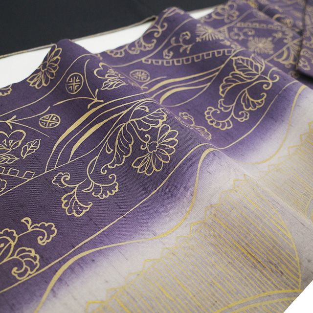 新古品】 袋帯 未使用 正絹 紬 全通 金彩加工 手染め 紫 薄灰紫 ぼかし