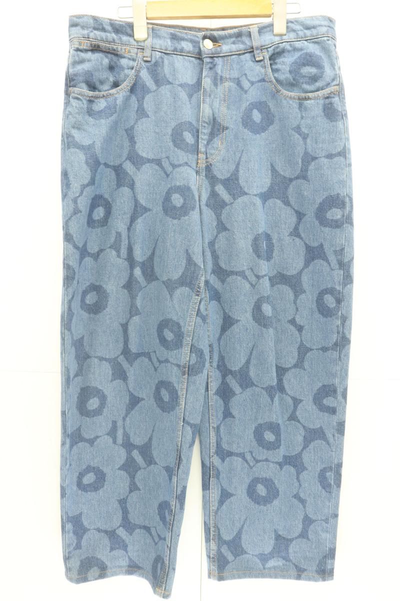 marimekko レディースデニムパンツ 29 24 AW Barrel Unikko インディゴブルー 藍 総柄