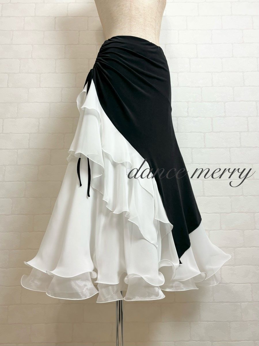 MERRY】新品 豪華 社交ダンス 白 黒 スカート パーティ タンゴ ワルツ